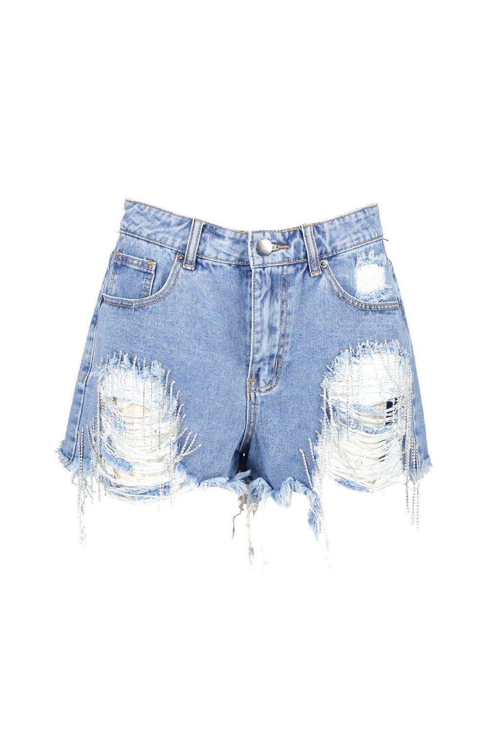 Diamante Detail Distressed Denim Shorts